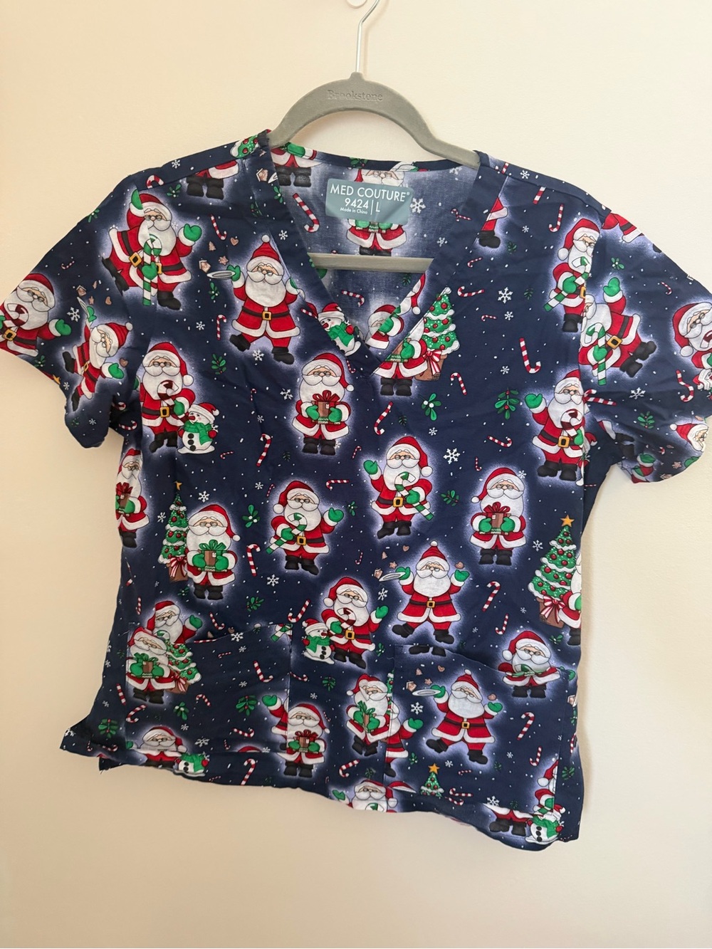 Med Couture Navy Santa Candy Cane Print Scrub Top
